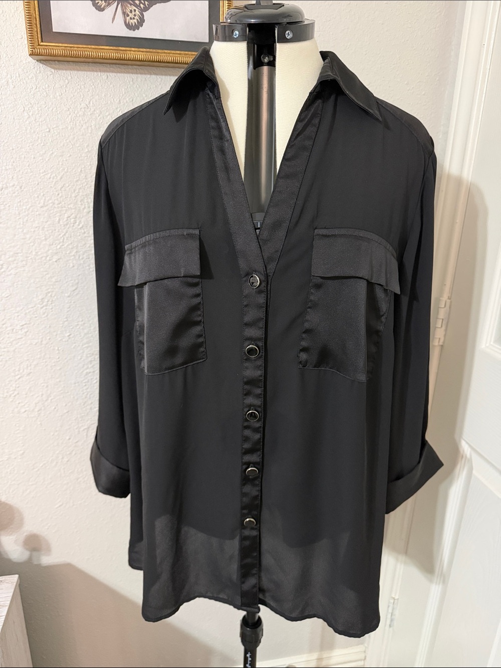Black Button-Front Satin-Trim Blouse - Women's
